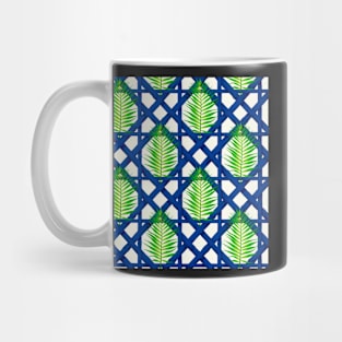 Palm leaf on blue lattice Mug